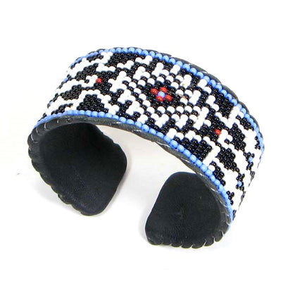Handmade Beaded Blue Leather Medicine Man'S Eye Hard Cuff Bracelet