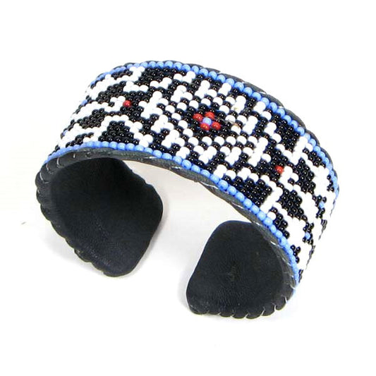 Handmade Beaded Blue Leather Medicine Man'S Eye Hard Cuff Bracelet