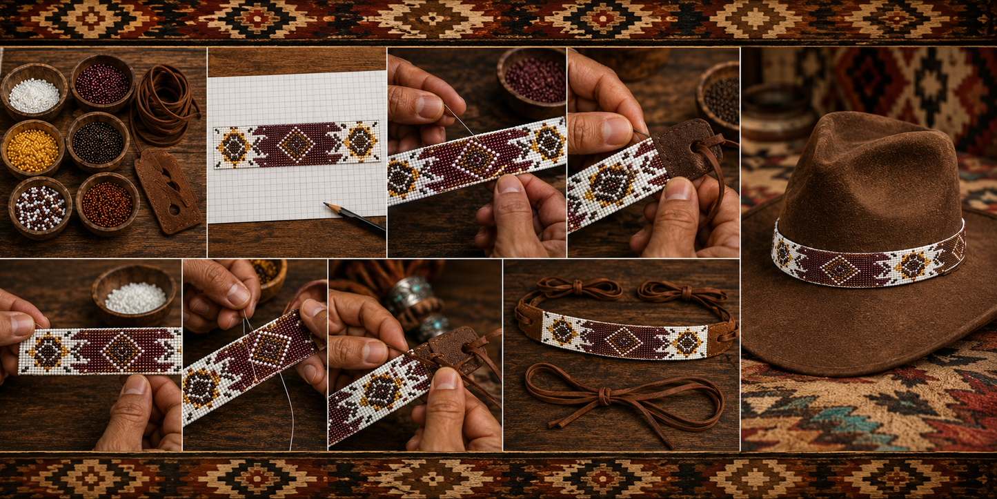 Brown White Seed Beaded Cowboy Turtle Unisex Handmade Hatband