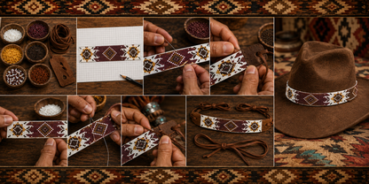 Brown White Seed Beaded Cowboy Turtle Unisex Handmade Hatband