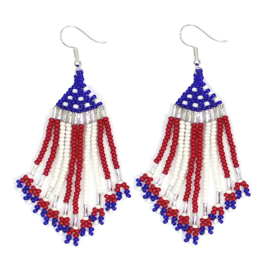 Handmade Beaded Patriotic Red Blue White Flag Color Earrings