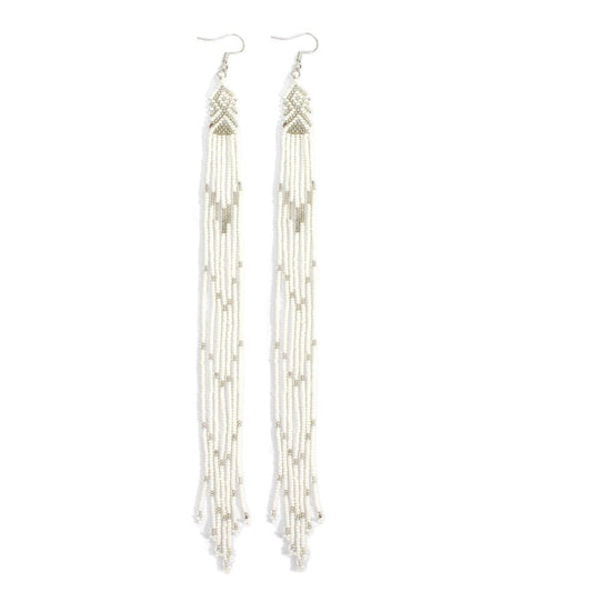 White Silver Glass Seed Beads Extra Long Earrings 8 Inches