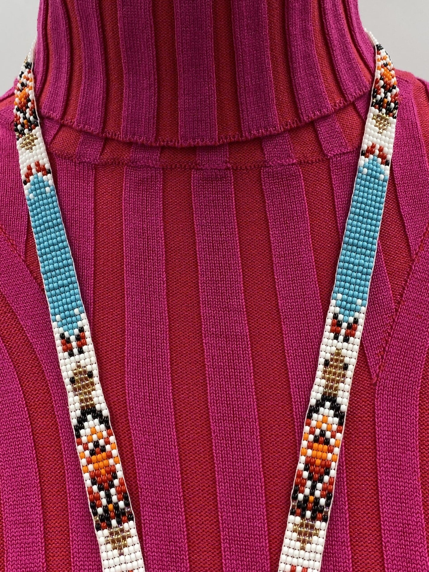 Handmade Beaded Turtle Pattern Seed Beaded Lanyard ID Holder - Cyan Blue, White, Red, Gold
