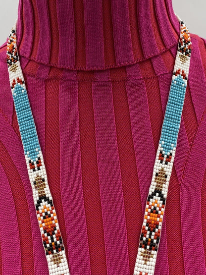 Handmade Beaded Turtle Pattern Seed Beaded Lanyard ID Holder - Cyan Blue, White, Red, Gold