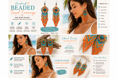 Handmade Orange & Turquoise Beaded Fringe Earrings for Women – Lightweight Statement Dangle Earrings, Boho Festival Jewelry