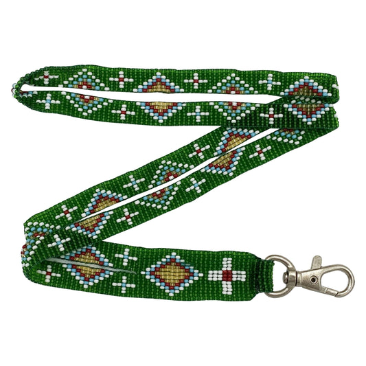 Green Red White Seed Beaded Lanyard Id Holder Red Cross Beadwork