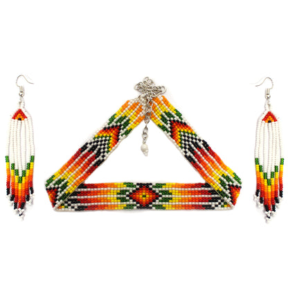 Handmade Beaded White Orange Yellow Choker Necklace Earrings Set