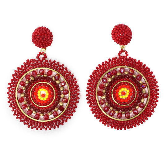 Handmade Beaded Bright Neon Colorful Post Round Earrings for Women Girl All Season - Red