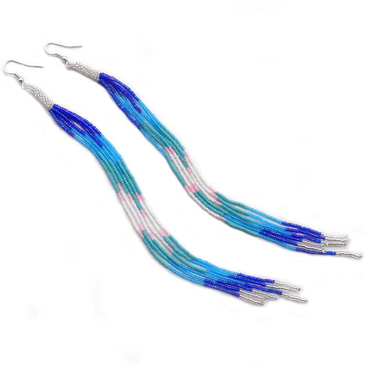 Blue Multi Glass Seed Beads Beaded Extra Long Earrings 7.5 Inch