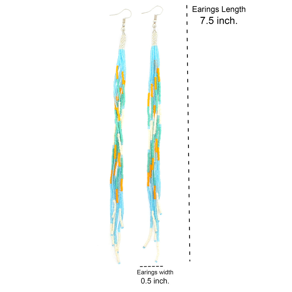 Iris Blue Multi Glass Seed Beads Beaded Extra Long Earrings 7.5 Inch