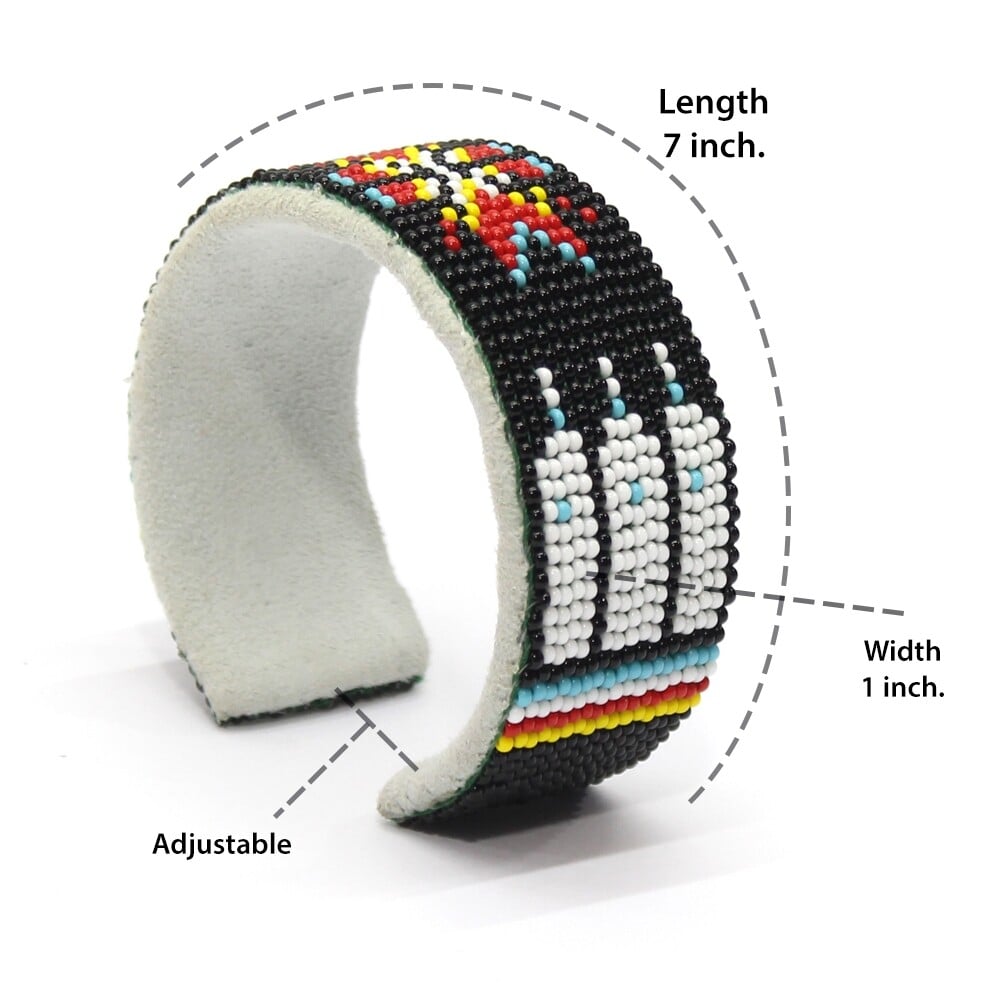 Adjustable Black Red Fire Pattern Hard Cuff Beaded Handmade Bracelet - 34.0 grams, 6.5 inch length