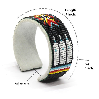 Adjustable Black Red Fire Pattern Hard Cuff Beaded Handmade Bracelet - 34.0 grams, 6.5 inch length