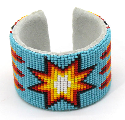 Handmade Beaded Cuff Bracelet with Cyan Blue and Yellow Star Pattern - Adjustable Length 6.5 inches