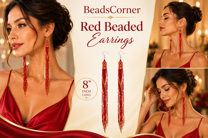 Handmade beaded Red Gold Handmade Seed Beaded Extra Long Earrings 8 Inches