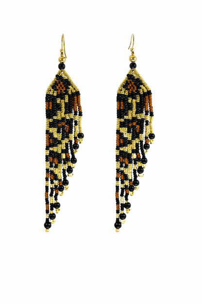 Black Gold Beaded Fringe Earrings – Handmade Czech Seed Bead Long Dangle Earrings