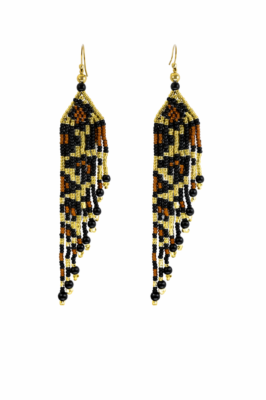 Black Gold Beaded Fringe Earrings – Handmade Czech Seed Bead Long Dangle Earrings