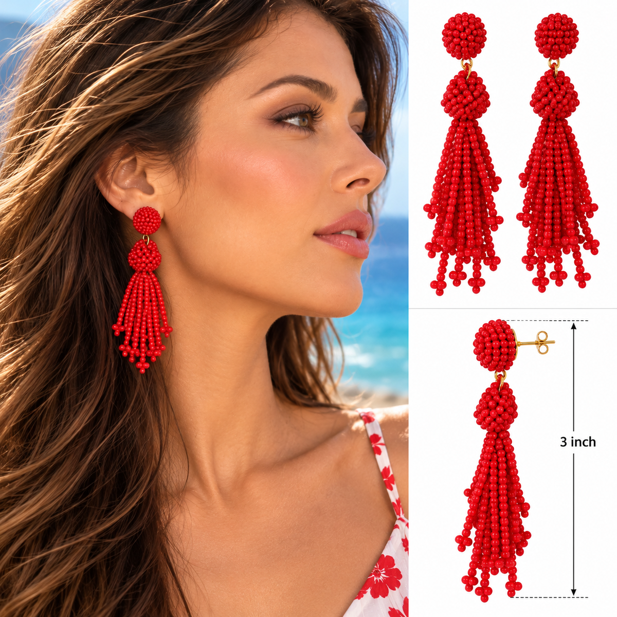 Red Statement Seed Bead Tassel Earrings – Handmade Long Fringe Dangle Earrings