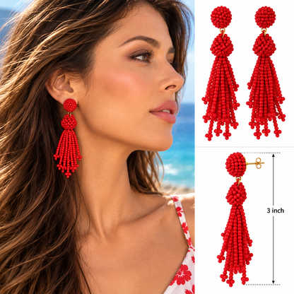 Red Statement Seed Bead Tassel Earrings – Handmade Long Fringe Dangle Earrings