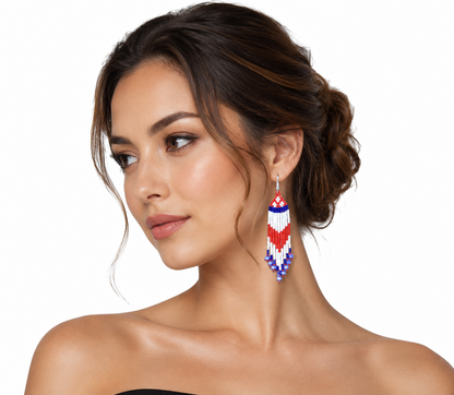 Patriotic Red White & Blue Beaded Fringe Earrings – Handmade Seed Bead Statement Earrings –July 4th Inspired Dangle Earrings