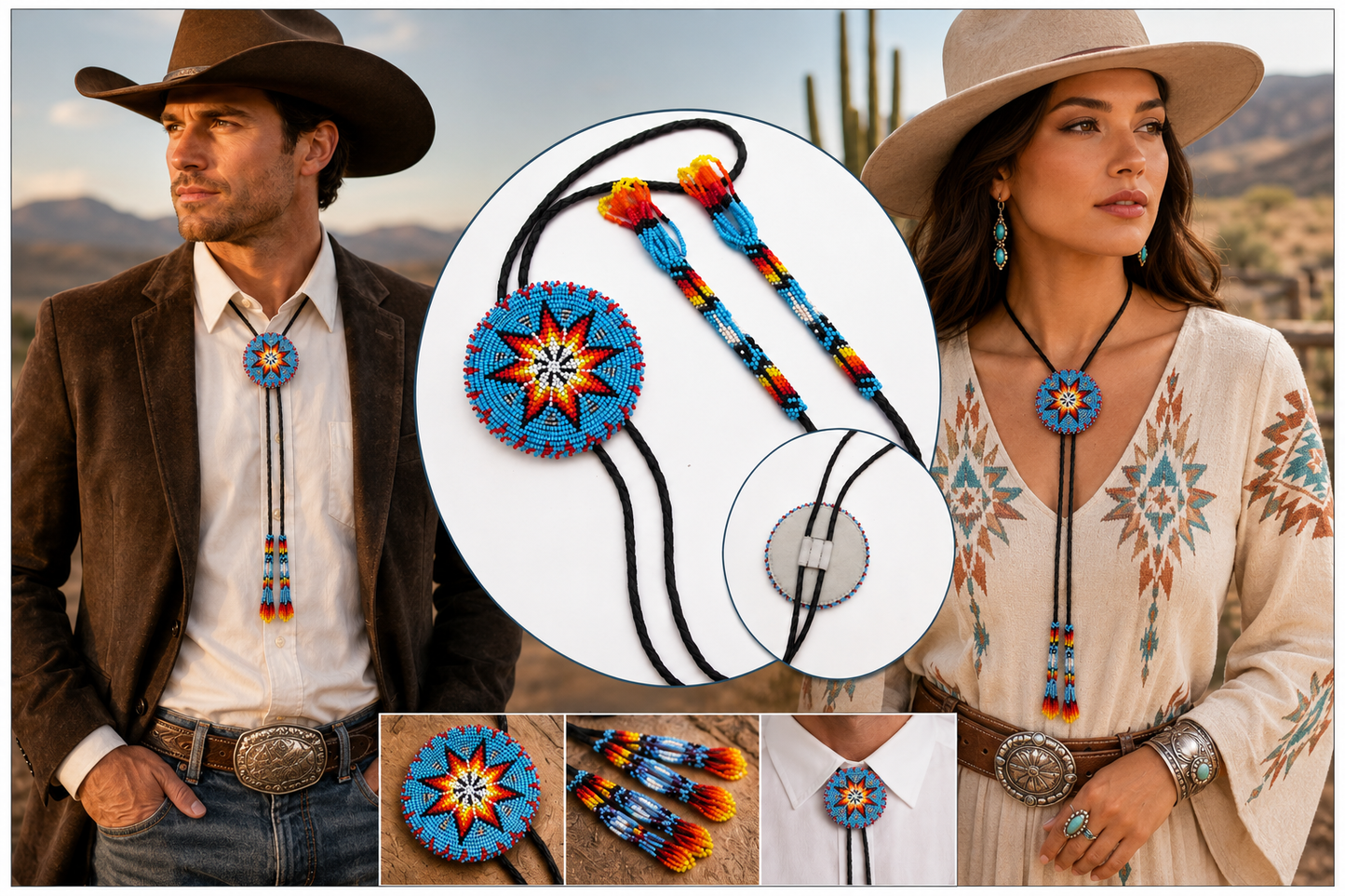 Handcrafted Cyan Blue Seed Beaded leather Bolo Tie with Star Pattern