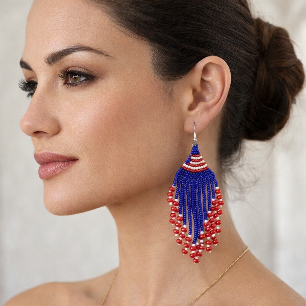 Handmade Beaded Red Blue White Patriotic Color Chandelier Earrings