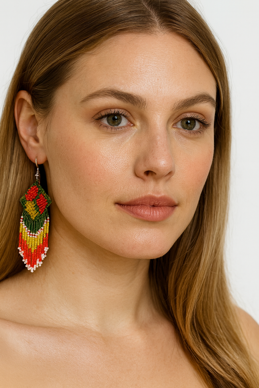 Handmade Beaded Fringe Earrings – Green, Red, and Yellow