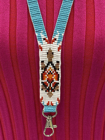 Handmade Beaded Turtle Pattern Seed Beaded Lanyard ID Holder - Cyan Blue, White, Red, Gold