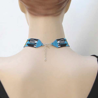Handmade Beaded Blue Black Medicine Man'S Eye Bib Necklace