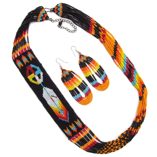 Vibrant Black Fire Feather Beaded Jewelry Set