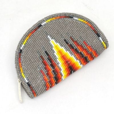 Hand Beaded Native American Inspired Ethnic Style Seed Bead Coin Purse - Gray Sunset