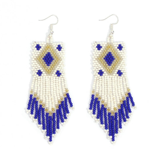 Handmade Beaded Native Style White Seed Bead Big Earrings