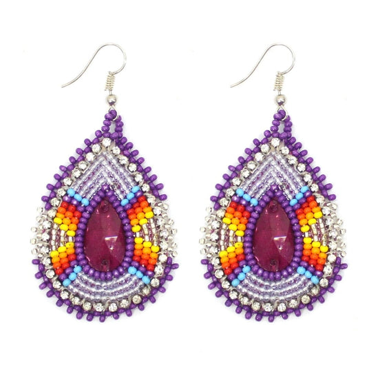 Handmade Teardrop Small Czech Seed Bead Earrings - 2.5 inch long - Purple