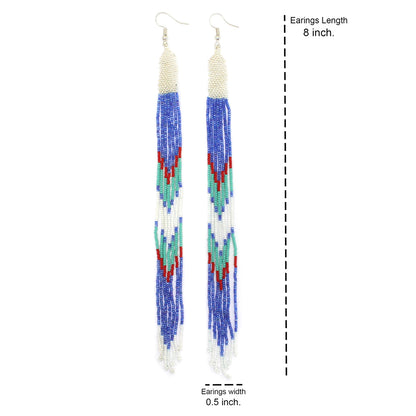 Handmade Blue Silver Glass Seed Beads Beaded Extra Long Earrings