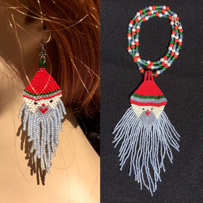 Handmade Beaded Red White Green Santa Claus Holiday Necklace Earrings Set