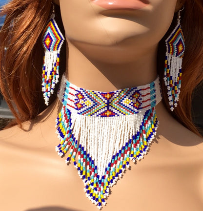 Colorful Chevron Beaded Necklace and Earrings Set