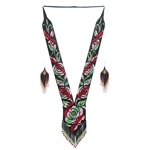 Native Tribal Style Long Statement Beaded Necklace for Women Y Shape - Black Green Flower