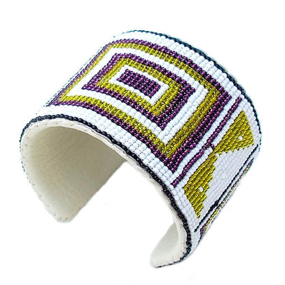 Handmade White Green Purple Beaded Bracelet with Suede Back - Adjustable Length and Bold Width