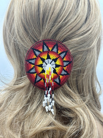 Handcrafted Flower Pattern Red Black French Barette with Czech Beads and Suede Leather, 4.5 inch Diameter