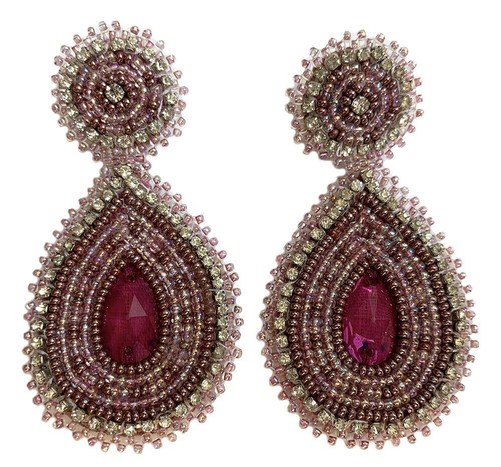 Handmade Beaded Teardrop Shape Post Earrings, 3 Inches Long, 1.5 Inch Wide - Purple