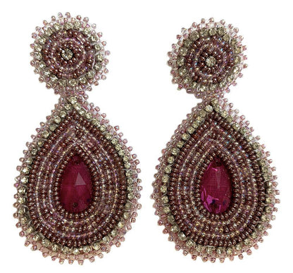 Handmade Beaded Teardrop Shape Post Earrings, 3 Inches Long, 1.5 Inch Wide - Purple