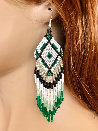 Handmade Beaded Sea Green White Seed Bead Earrings