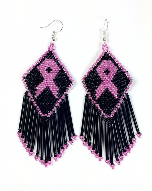 Handmade Beaded Black Pink Ribbon Breast Cancer Awareness Earrings