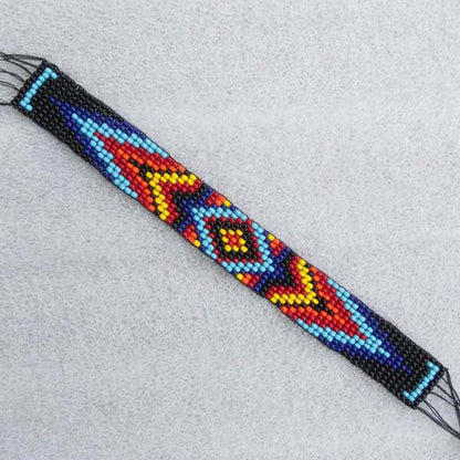 Handmade Multi Color Diamond Geometric Pattern Southwestern Seed Bead Bracelet Hard Cuff Leather