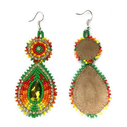 Handmade Beaded Green Orange Dangle Fashion Hook Earrings