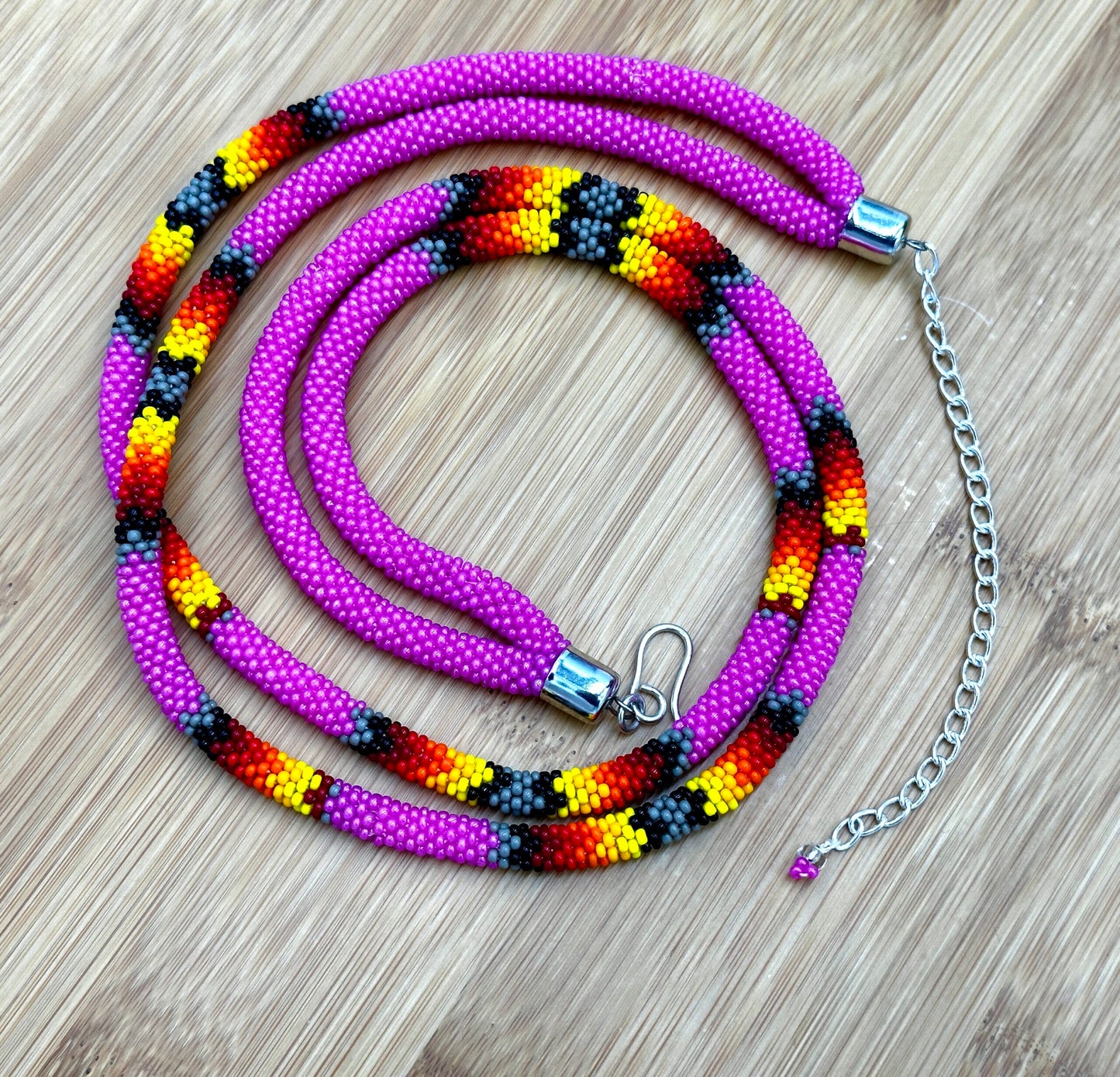Handmade Beaded Deep Pink Rope double layered necklace
