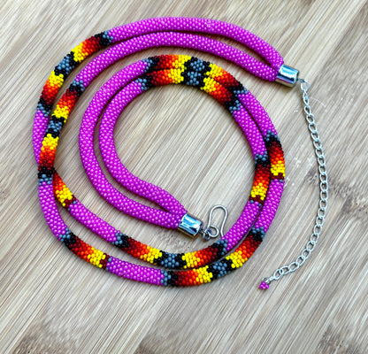 Handmade Beaded Deep Pink Rope double layered necklace