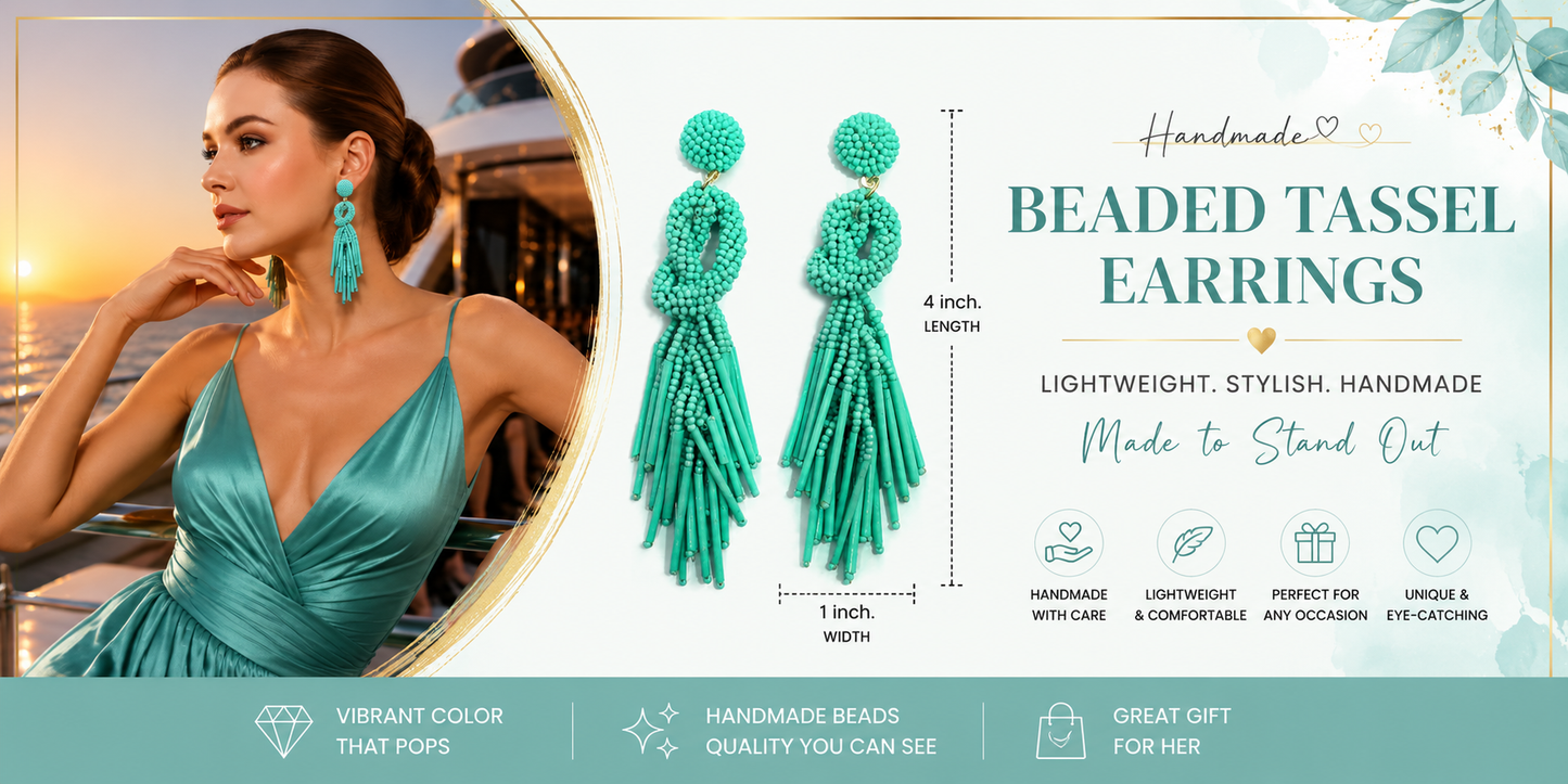 Handmade Beaded Solid Sea Green Color Post Statement Earrings for Women All Season - 4 inch Long Dangle with Celtic Knot Design - Czech Seed Beads - Sea Green