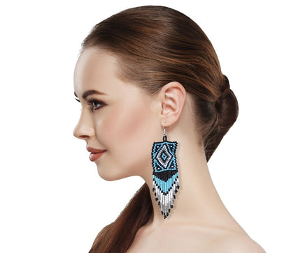 Handmade Beaded Blue Black Seed Bead Medicine Mens Big Earrings