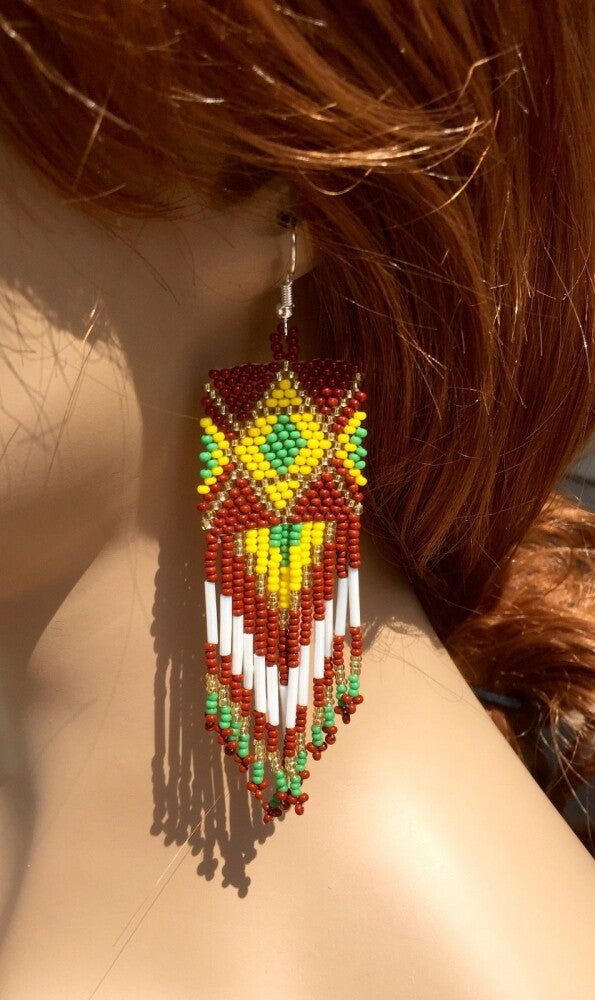 Brown Yellow Handmade Beaded Big Chandelier Earrings