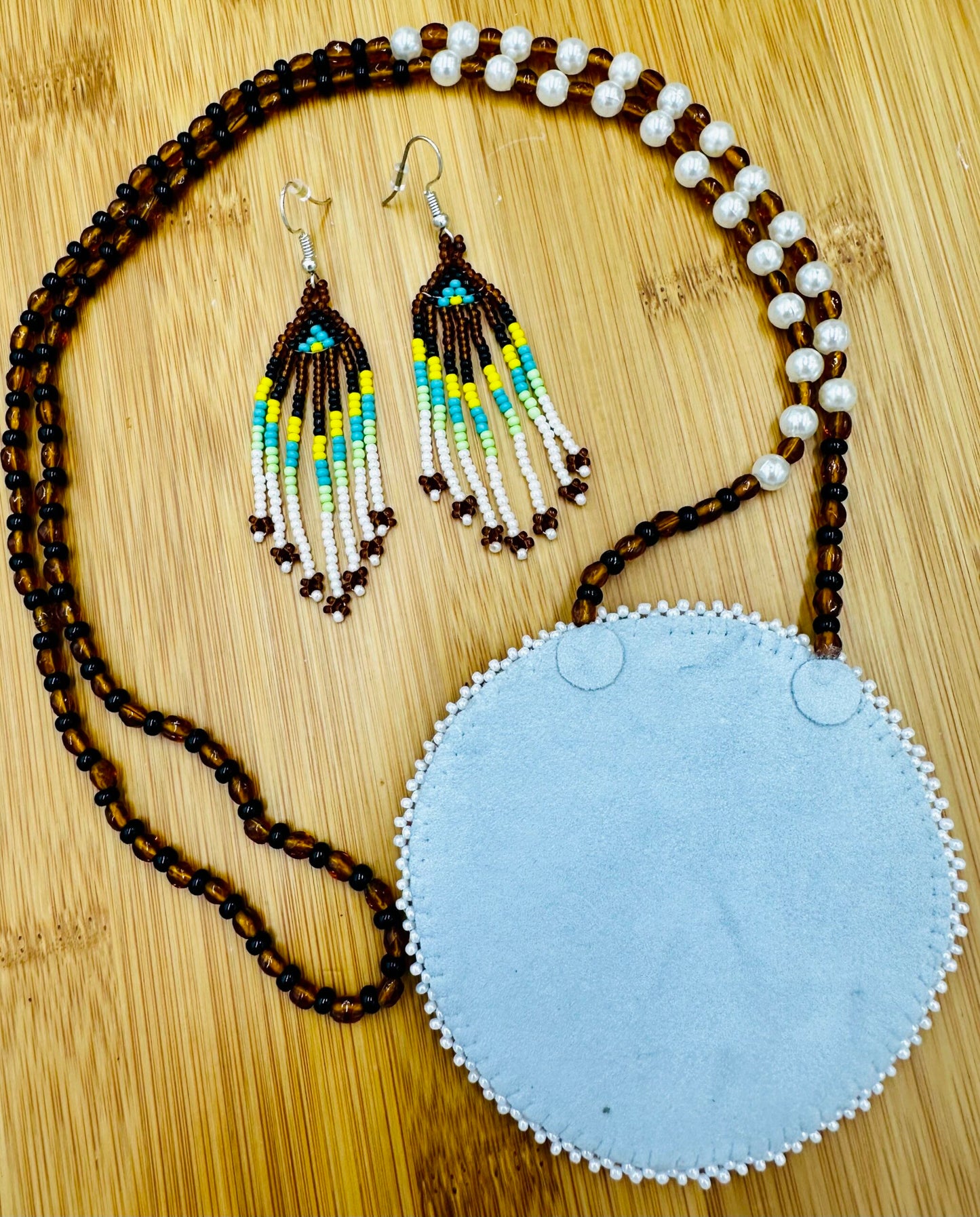 Handmade beaded Hawk Brown necklace earrings set